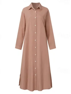 Women's Long Dress Maxi Dress Linen-Inspired Dresses Shirt Dress Casual Dress Cotton Linen Dress Stylish Casual Vacation Daily Date Regular Fit Plain Long Sleeve Lapel Pink Navy Blue Brown Summer