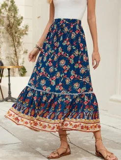 Women's Long Skirt Bohemia Boho Long Maxi High Waist Skirts Graphic Color Block Patchwork Print Micro-elastic Holiday Beach Navy Spring, Fall, Winter, Summer Polyester Viscose