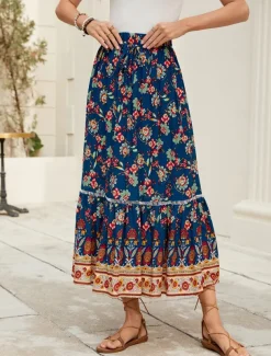 Women's Long Skirt Bohemia Boho Long Maxi High Waist Skirts Graphic Color Block Patchwork Print Micro-elastic Holiday Beach Navy Spring, Fall, Winter, Summer Polyester Viscose