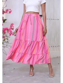 Women's Long Skirt Bohemia Boho Long Maxi High Waist Skirts Graphic Color Block Patchwork Print Micro-elastic Holiday Beach Rose Red Summer Polyester
