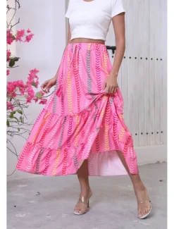 Women's Long Skirt Bohemia Boho Long Maxi High Waist Skirts Graphic Color Block Patchwork Print Micro-elastic Holiday Beach Rose Red Summer Polyester