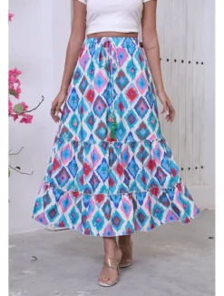 Women's Long Skirt Bohemia Boho Long Maxi High Waist Skirts Graphic Color Block Patchwork Print Micro-elastic Holiday Beach Green Summer Polyester