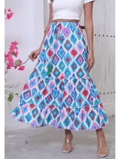 Women's Long Skirt Bohemia Boho Long Maxi High Waist Skirts Graphic Color Block Patchwork Print Micro-elastic Holiday Beach Green Summer Polyester