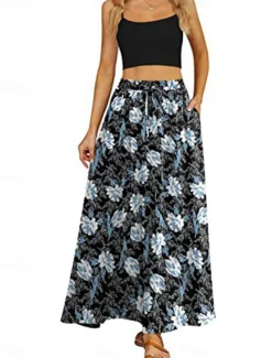 Women's Long Skirt Maxi Skirts Patchwork Floral Graphic Going out Casual Daily Summer Elegant Vintage Blue Black Blue Khaki