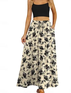 Women's Long Skirt Maxi Skirts Patchwork Floral Graphic Going out Casual Daily Summer Elegant Vintage Blue Black Blue Khaki