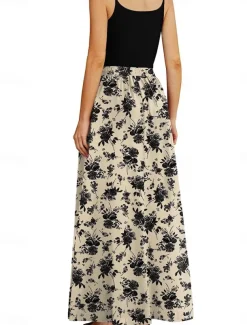 Women's Long Skirt Maxi Skirts Patchwork Floral Graphic Going out Casual Daily Summer Elegant Vintage Blue Black Blue Khaki