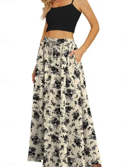 Women's Long Skirt Maxi Skirts Patchwork Floral Graphic Going out Casual Daily Summer Elegant Vintage Blue Black Blue Khaki