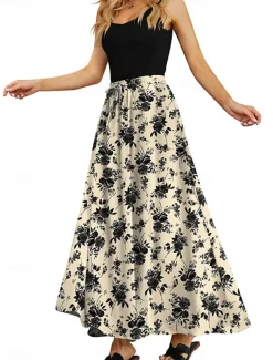 Women's Long Skirt Maxi Skirts Patchwork Floral Graphic Going out Casual Daily Summer Elegant Vintage Blue Black Blue Khaki