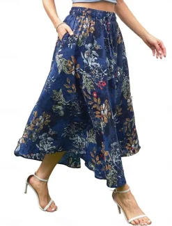Women's Long Skirt Maxi Skirts Patchwork Floral Graphic Going out Casual Daily Summer Elegant Vintage Blue Black Blue Khaki