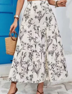 Women's Long Skirt Maxi Skirts Patchwork Floral Graphic Vacation Date Summer Elegant White