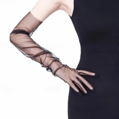 Women's Long Stretchy Mesh Tulle Sheer Gloves Costume Wedding Opera Halloween Party 1920's Dance Gloves