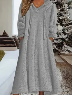 Women's Loungewear Nightshirt Dress Pure Color Casual Comfort Soft Home Daily Going out Coral Fleece Coral Velvet Warm Hoodie Long Sleeve Fall Winter Home Outfits