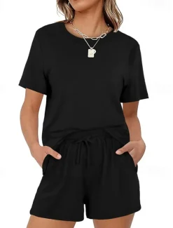 Women's Loungewear Nighty Sets 2 Pieces Pure Color Simple Comfort Home Street Cotton Crew Neck Short Sleeve T shirt Tee Shorts Summer Spring Home Outfits