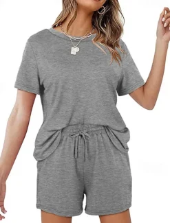 Women's Loungewear Nighty Sets 2 Pieces Pure Color Simple Comfort Home Street Cotton Crew Neck Short Sleeve T shirt Tee Shorts Summer Spring Home Outfits