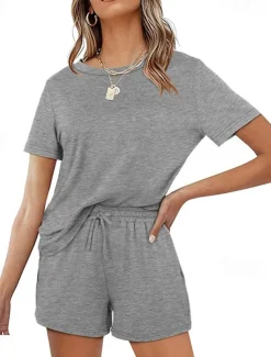 Women's Loungewear Nighty Sets 2 Pieces Pure Color Simple Comfort Home Street Cotton Crew Neck Short Sleeve T shirt Tee Shorts Summer Spring Home Outfits