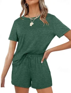 Women's Loungewear Nighty Sets 2 Pieces Pure Color Simple Comfort Home Street Cotton Crew Neck Short Sleeve T shirt Tee Shorts Summer Spring Home Outfits