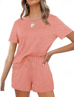 Women's Loungewear Nighty Sets 2 Pieces Pure Color Simple Comfort Home Street Cotton Crew Neck Short Sleeve T shirt Tee Shorts Summer Spring Home Outfits