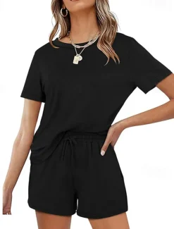 Women's Loungewear Nighty Sets 2 Pieces Pure Color Simple Comfort Home Street Cotton Crew Neck Short Sleeve T shirt Tee Shorts Summer Spring Home Outfits