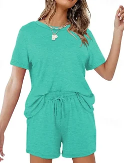 Women's Loungewear Nighty Sets 2 Pieces Pure Color Simple Comfort Home Street Cotton Crew Neck Short Sleeve T shirt Tee Shorts Summer Spring Home Outfits
