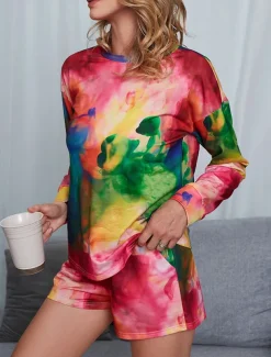 Women's Loungewear Pajama Set 2 Pieces Tie Dye Casual Comfort Home Comfort Crew Neck Long Sleeve Pullover Shorts Spring Fall Home Outfits