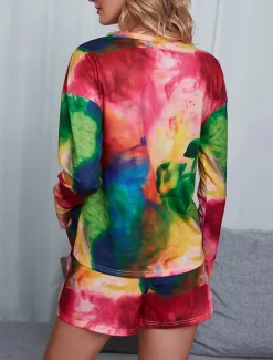 Women's Loungewear Pajama Set 2 Pieces Tie Dye Casual Comfort Home Comfort Crew Neck Long Sleeve Pullover Shorts Spring Fall Home Outfits