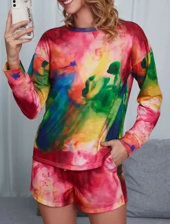 Women's Loungewear Pajama Set 2 Pieces Tie Dye Casual Comfort Home Comfort Crew Neck Long Sleeve Pullover Shorts Spring Fall Home Outfits