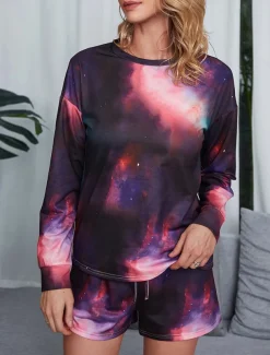 Women's Loungewear Pajama Set 2 Pieces Tie Dye Casual Comfort Home Comfort Crew Neck Long Sleeve Pullover Shorts Spring Fall Home Outfits