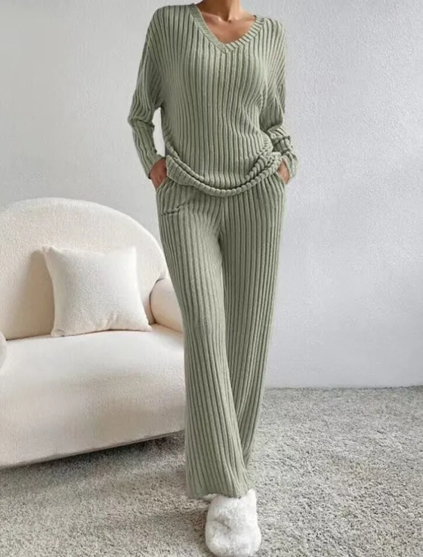 Women's Loungewear Pajama Set Simple Home V Neck Long Sleeve Pullover Pant Spring Fall Black Blue Home Outfits