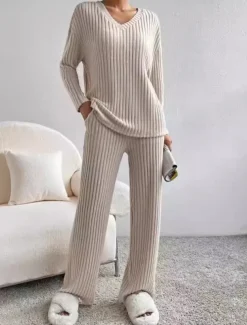 Women's Loungewear Pajama Set Simple Home V Neck Long Sleeve Pullover Pant Spring Fall Black Blue Home Outfits