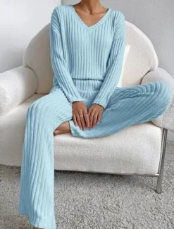 Women's Loungewear Pajama Set Simple Home V Neck Long Sleeve Pullover Pant Spring Fall Black Blue Home Outfits