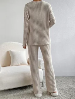 Women's Loungewear Pajama Set Simple Home V Neck Long Sleeve Pullover Pant Spring Fall Black Blue Home Outfits