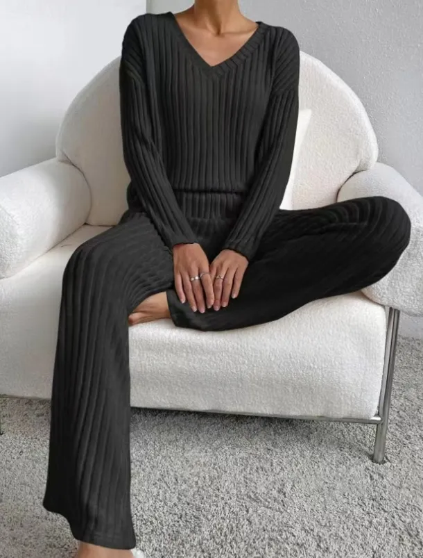 Women's Loungewear Pajama Set Simple Home V Neck Long Sleeve Pullover Pant Spring Fall Black Blue Home Outfits