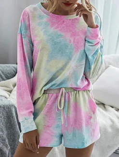 Women's Loungewear Pajama Set 2 Pieces Tie Dye Casual Comfort Home Comfort Crew Neck Long Sleeve Pullover Shorts Spring Fall Home Outfits