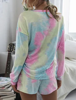 Women's Loungewear Pajama Set 2 Pieces Tie Dye Casual Comfort Home Comfort Crew Neck Long Sleeve Pullover Shorts Spring Fall Home Outfits