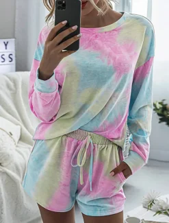 Women's Loungewear Pajama Set 2 Pieces Tie Dye Casual Comfort Home Comfort Crew Neck Long Sleeve Pullover Shorts Spring Fall Home Outfits
