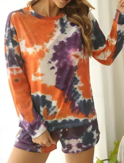 Women's Loungewear Pajama Set 2 Pieces Tie Dye Casual Comfort Home Comfort Crew Neck Long Sleeve Pullover Shorts Spring Fall Home Outfits
