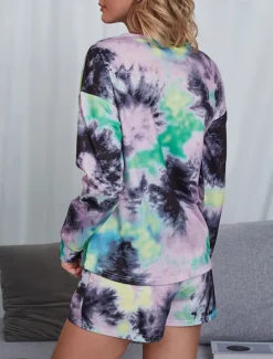 Women's Loungewear Pajama Set 2 Pieces Tie Dye Casual Comfort Home Comfort Crew Neck Long Sleeve Pullover Shorts Spring Fall Home Outfits