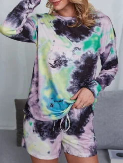 Women's Loungewear Pajama Set 2 Pieces Tie Dye Casual Comfort Home Comfort Crew Neck Long Sleeve Pullover Shorts Spring Fall Home Outfits