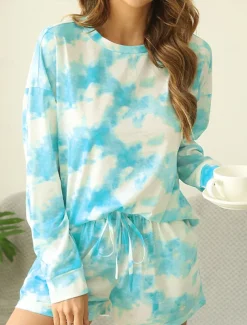 Women's Loungewear Pajama Set 2 Pieces Tie Dye Casual Comfort Home Comfort Crew Neck Long Sleeve Pullover Shorts Spring Fall Blue Home Outfits