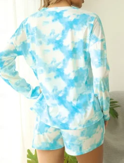 Women's Loungewear Pajama Set 2 Pieces Tie Dye Casual Comfort Home Comfort Crew Neck Long Sleeve Pullover Shorts Spring Fall Blue Home Outfits