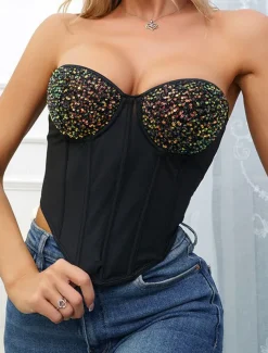Women's Loungewear Pure Color Corsets Carnival Party Valentine's Day Breathable Bandeau Sleeveless Sequins Backless Chest pads Summer Spring Home Outfits