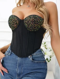 Women's Loungewear Pure Color Corsets Carnival Party Valentine's Day Breathable Bandeau Sleeveless Sequins Backless Chest pads Summer Spring Home Outfits