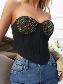 Women's Loungewear Pure Color Corsets Carnival Party Valentine's Day Breathable Bandeau Sleeveless Sequins Backless Chest pads Summer Spring Home Outfits