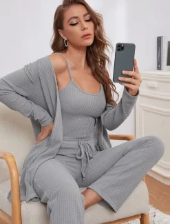 Women's Loungewear Sets 3 Pieces Pure Color Casual Comfort Home Comfort Straps Strap Top Pant Pocket Fall Winter Home Outfits