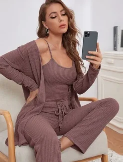 Women's Loungewear Sets 3 Pieces Pure Color Casual Comfort Home Comfort Straps Strap Top Pant Pocket Fall Winter Home Outfits