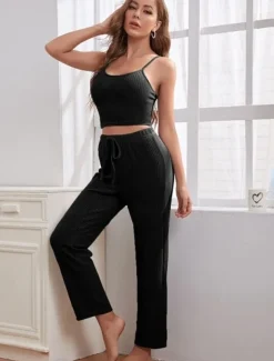 Women's Loungewear Sets 3 Pieces Pure Color Casual Comfort Home Comfort Straps Strap Top Pant Pocket Fall Winter Home Outfits