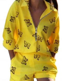 Women's Loungewear Sets Butterfly Letter Fashion Casual Street Date Airport Breathable Lapel Short Sleeve Shorts Summer Spring