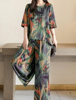 Women's Loungewear Sets Flower Fashion Casual Comfort Street Daily Date Breathable Crew Neck Short Sleeve T shirt Tee Pant Pocket Summer Spring Home Outfits