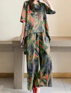 Women's Loungewear Sets Flower Fashion Casual Comfort Street Daily Date Breathable Crew Neck Short Sleeve T shirt Tee Pant Pocket Summer Spring Home Outfits