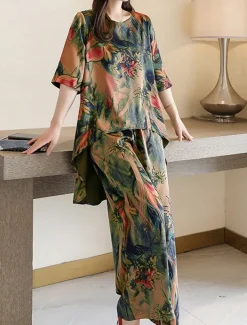 Women's Loungewear Sets Flower Fashion Casual Comfort Street Daily Date Breathable Crew Neck Short Sleeve T shirt Tee Pant Pocket Summer Spring Home Outfits